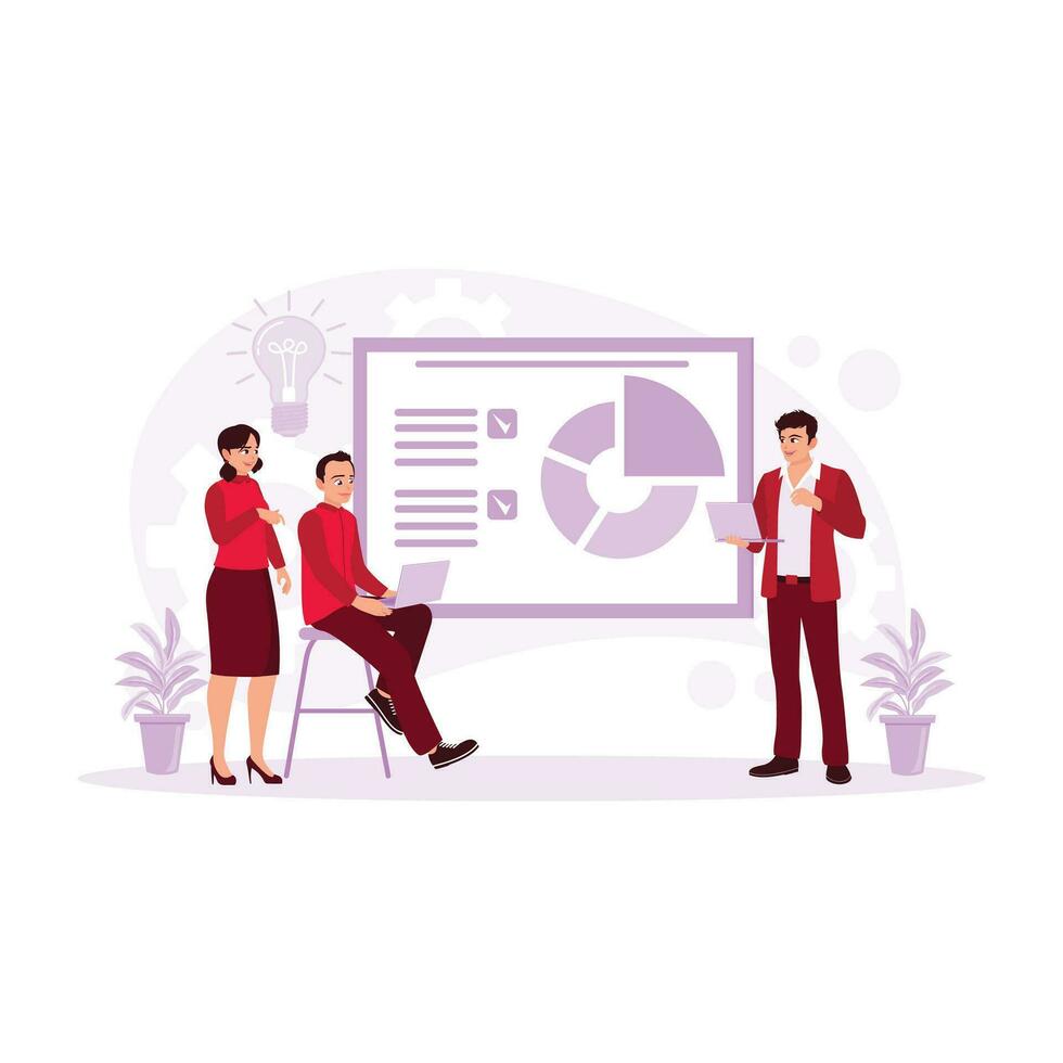 A group of young businesspeople held a meeting and presented the results of their work. Brainstorming concept. Trend Modern vector flat illustration