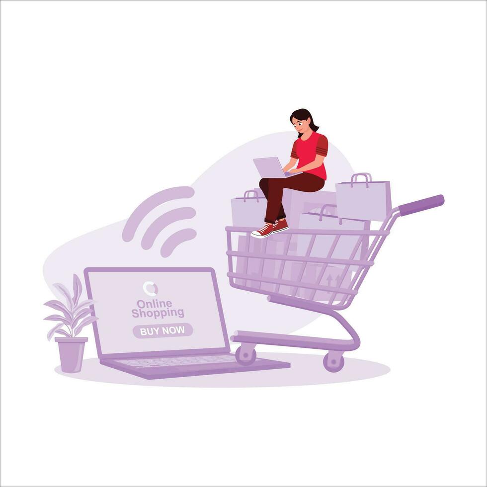 A young woman is shopping online on a laptop and putting items in a basket. Online Shopping concept. Trend Modern vector flat illustration