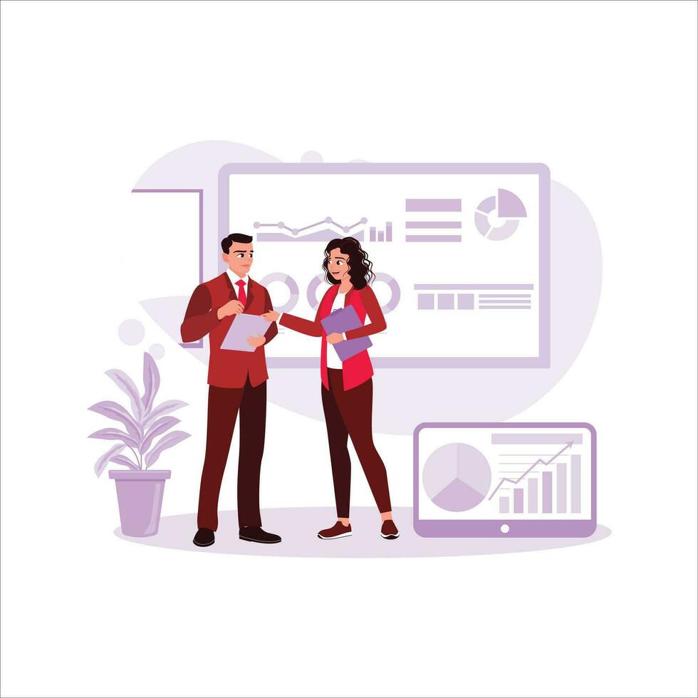 Happy business colleagues have a meeting and discussions in the office, they use digital tablets during the meetings and office work concept. Trend Modern vector flat illustration