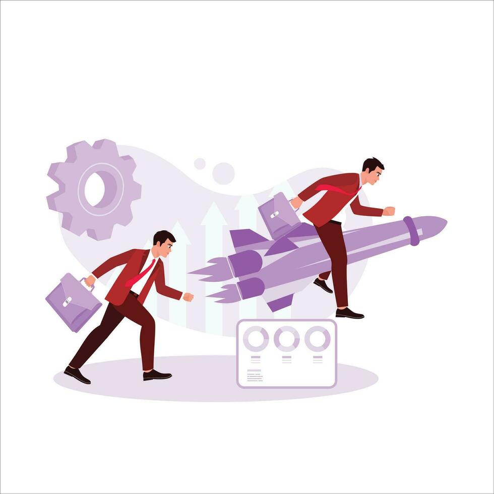 A businessman with a briefcase is trying to catch up with another businessman flying on a rocket. Productivity-boosting concept. Trend Modern vector flat illustration