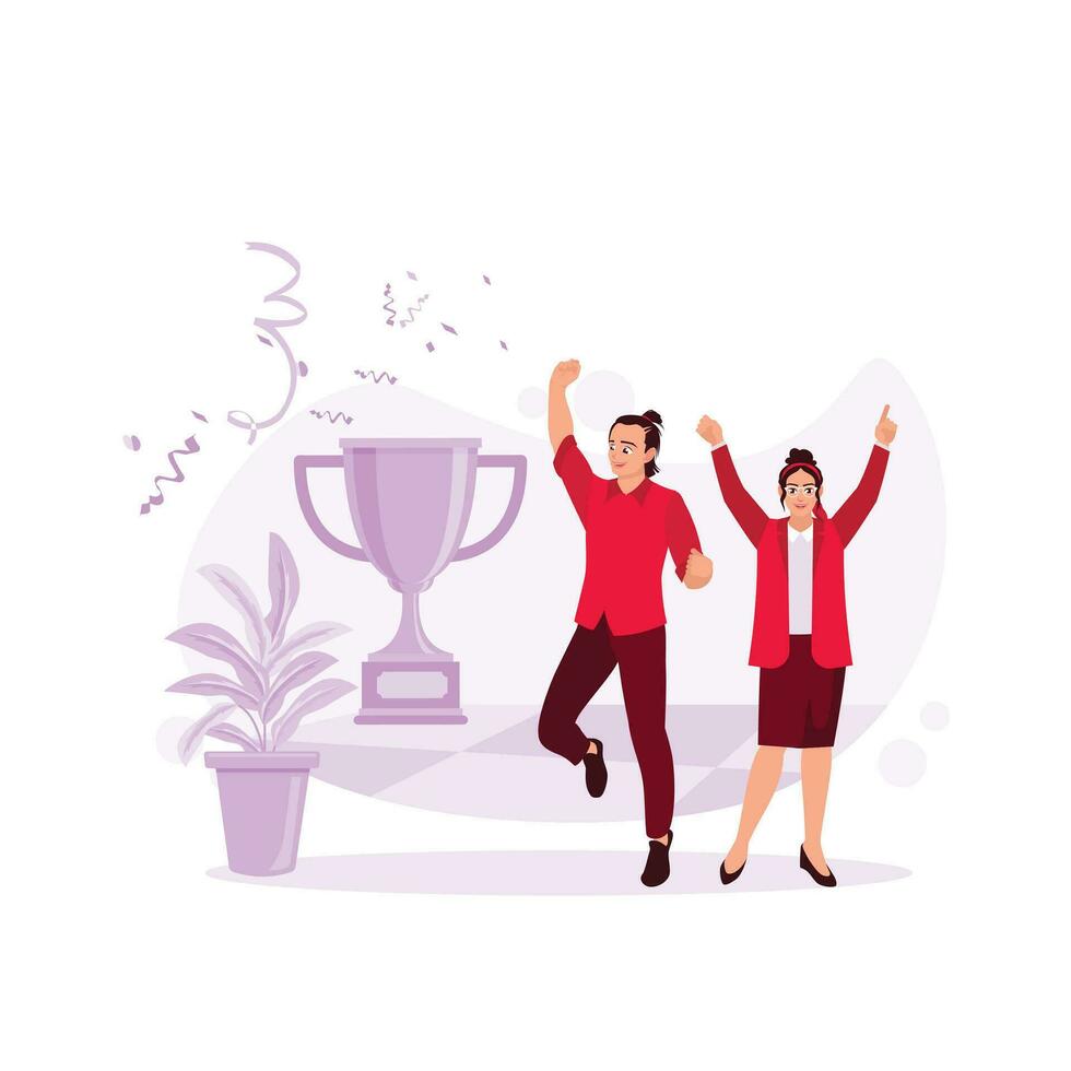 Two employees are happy because they won the competition, with a big trophy beside them. Celebrate victory with confetti. Trend Modern vector flat illustration