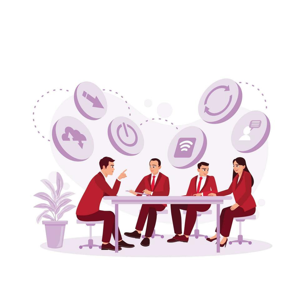 The businessman and his colleagues are having a meeting in the office. Digital marketing concept icon symbol. Trend Modern vector flat illustration