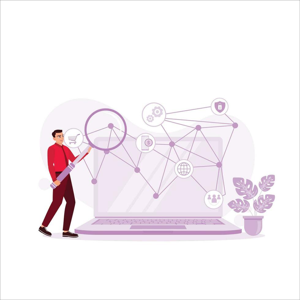 entrepreneur controls business remotely. Concept of networking or remote work. Trend Modern vector flat illustration