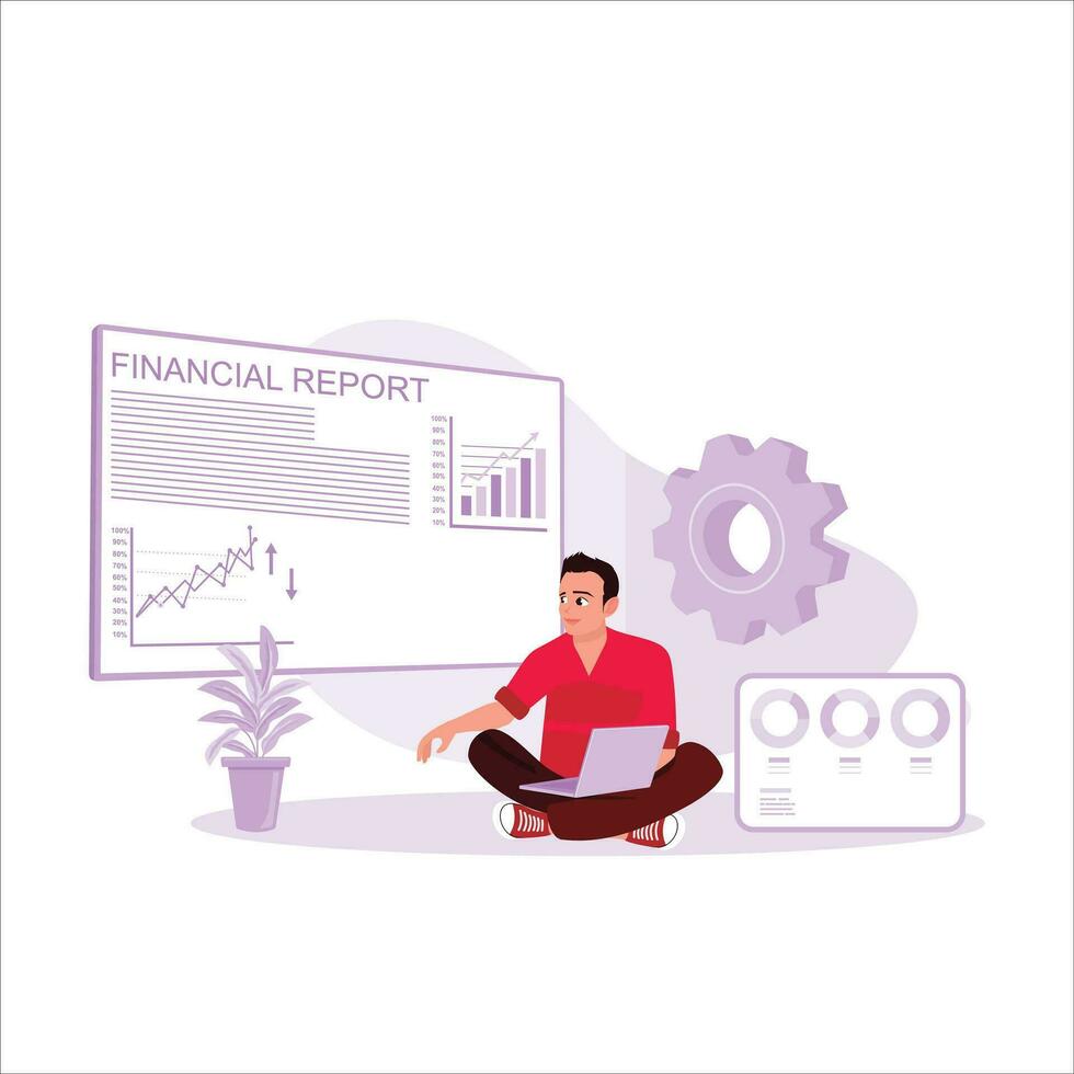 The businessman makes company financial reports on a laptop, showing well-organized financial data and graphs. Work Flow concept. Trend Modern vector flat illustration