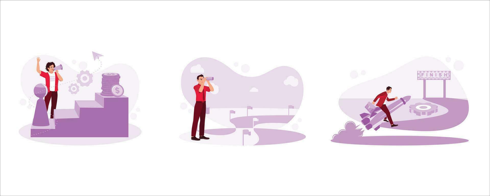 Entrepreneurs encourage. Business people using telescope looking for opportunity. Businessman using rocket towards the finish line. Set Trend Modern vector flat illustration