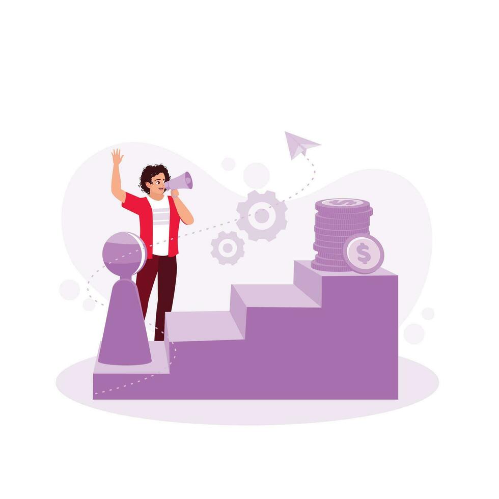 Motivation to act. Enthusiastic entrepreneur. At the very beginning of the road to the goal. Career promotion and salary. Trend Modern vector flat illustration
