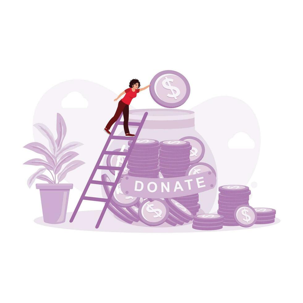 A woman puts coins in a glass jar to donate. Donate concept. Trend Modern vector flat illustration