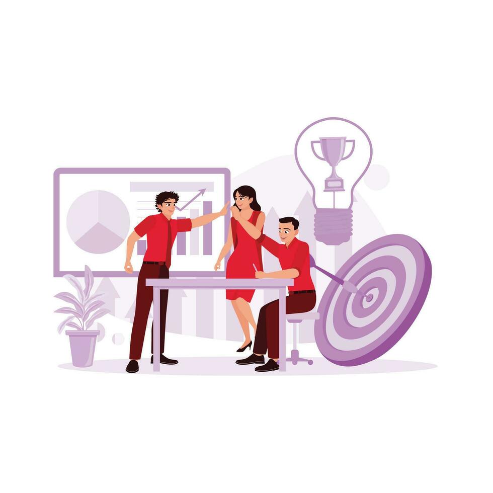 The business team is meeting in the office, celebrating the success achieved. Discussing concepts. Trend Modern vector flat illustration