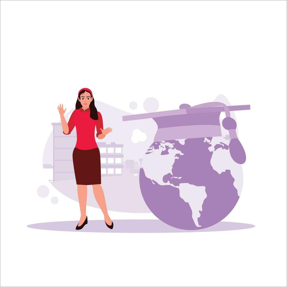 Education in a globalized world. A woman was standing next to the globe in a graduation cap. Global business studies concept. Trend Modern vector flat illustration
