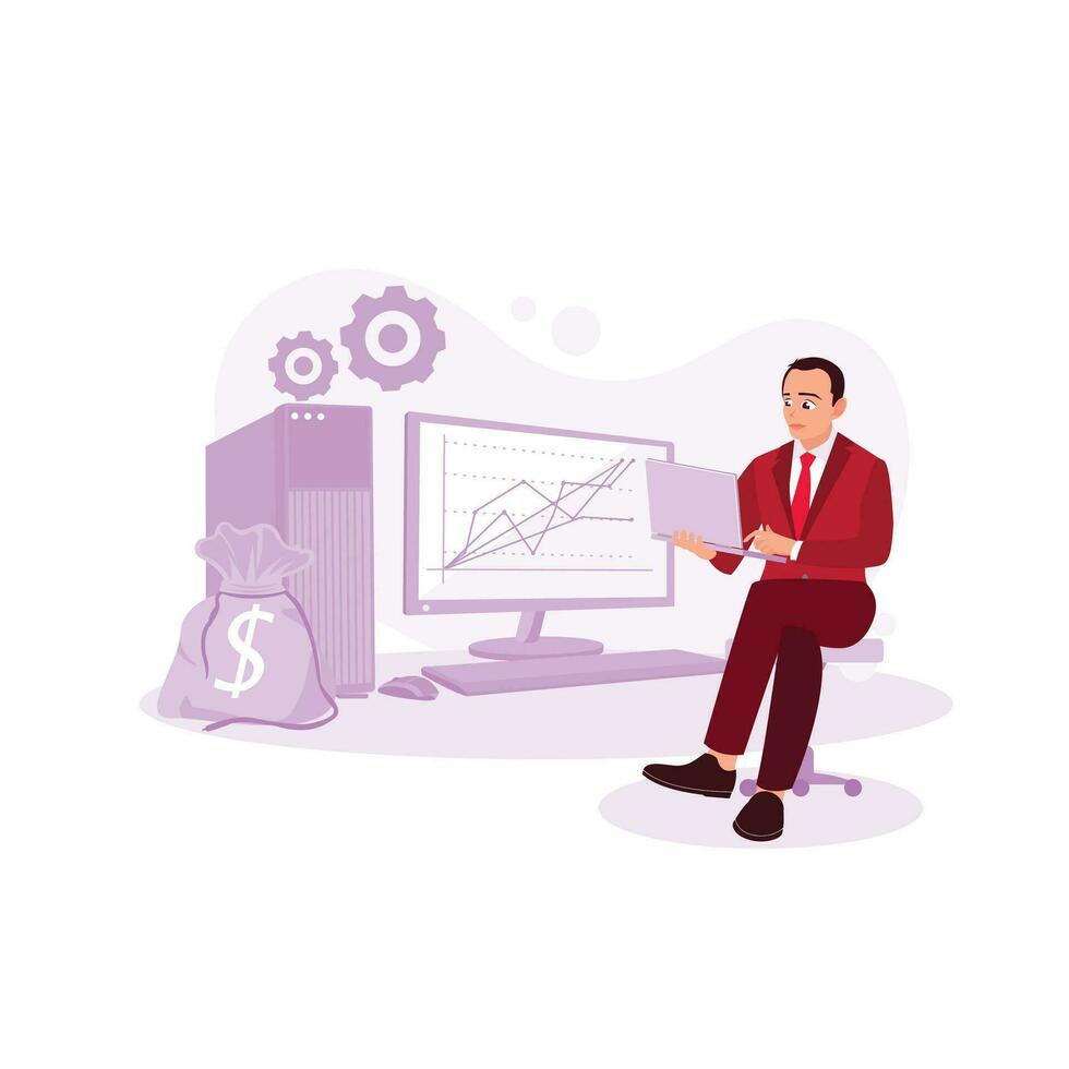 Trading online. Trader sitting in front of a computer with trading charts. Trend Modern vector flat illustration