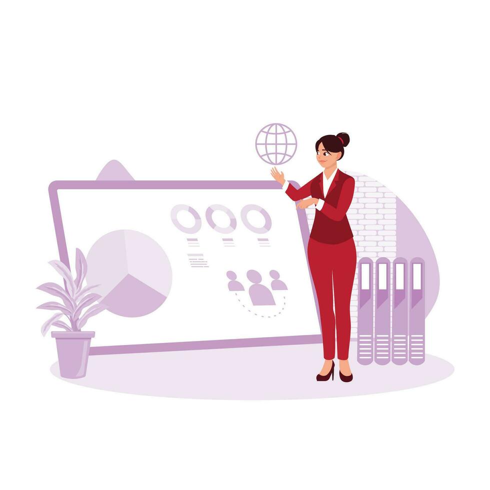 Meeting presentation. A female employee displays data during the presentation. Projector screen showing graphs, Product Sales, Revenue Growth Strategy. Trend Modern vector flat illustration