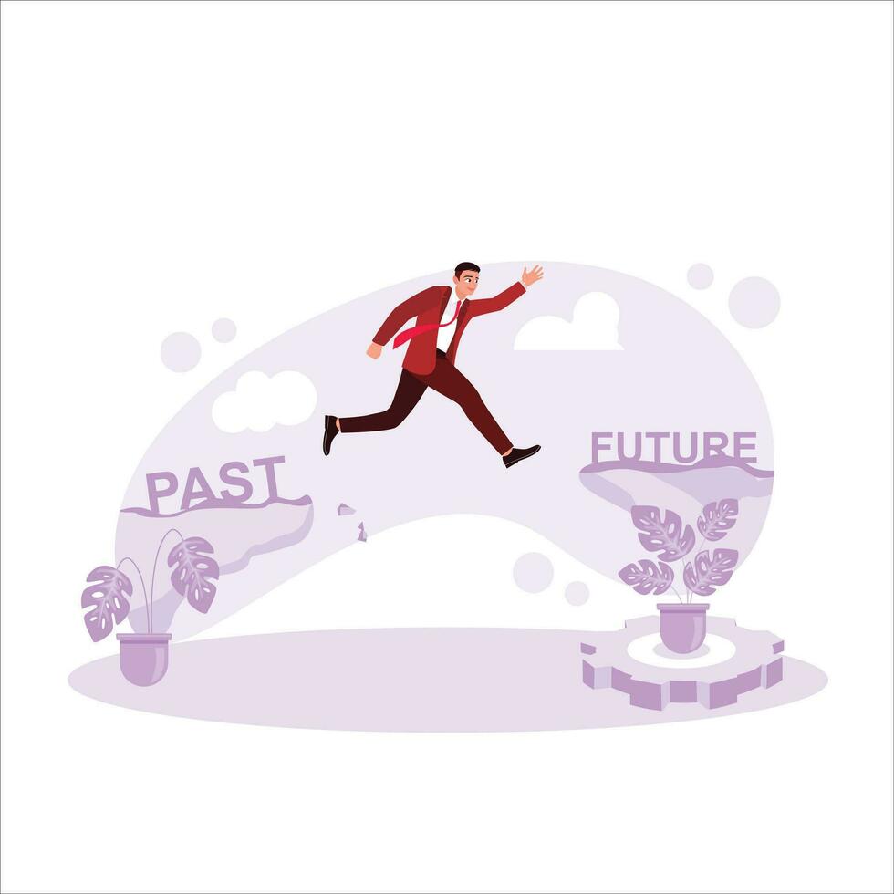 Go ahead and keep improving. A boy jumps off a cliff from past to future.Trend Modern vector flat illustration