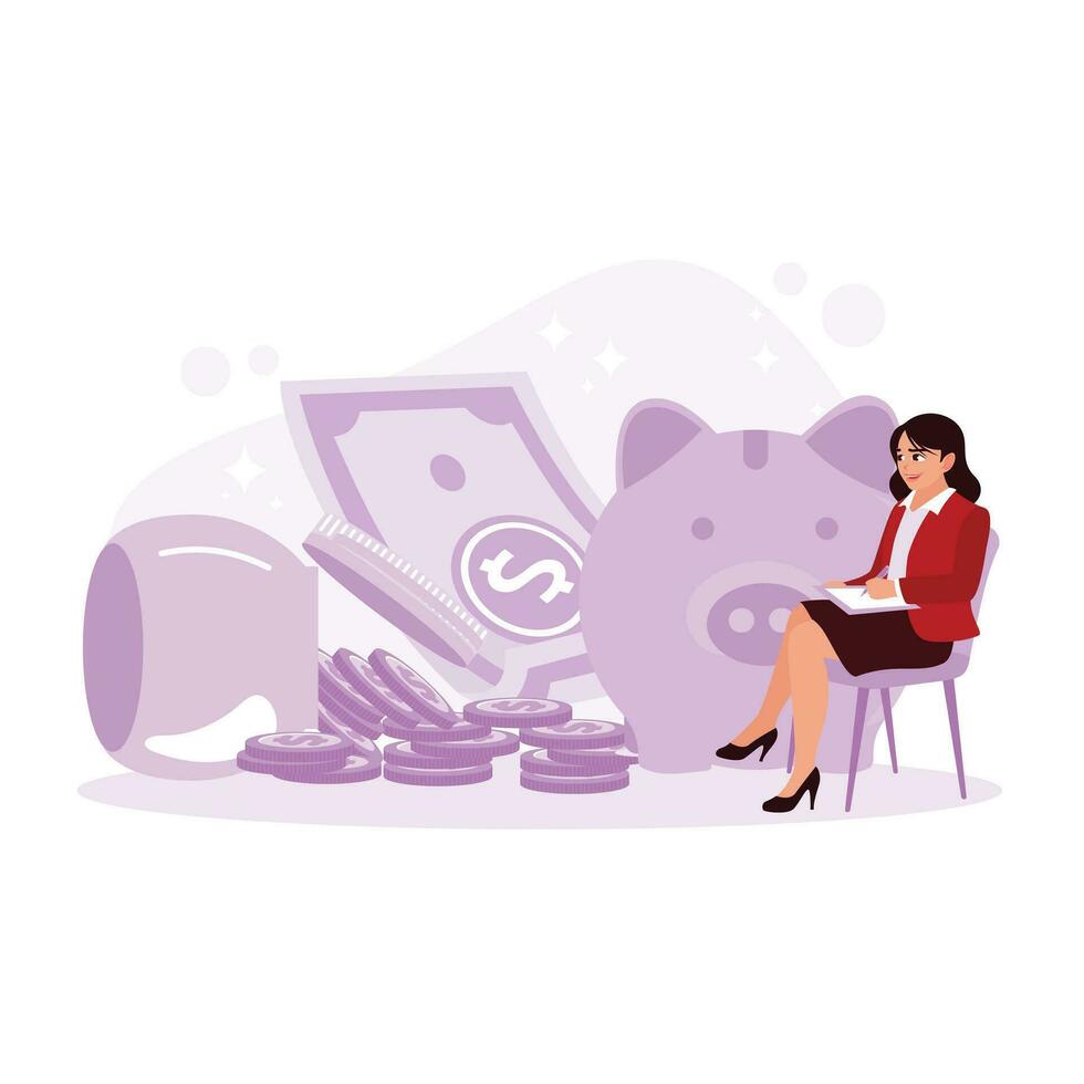 A woman calculates finances and records them in a book. Background of pig piggy bank and money around it. Investment And Stock Scene concept. Trend Modern vector flat illustration