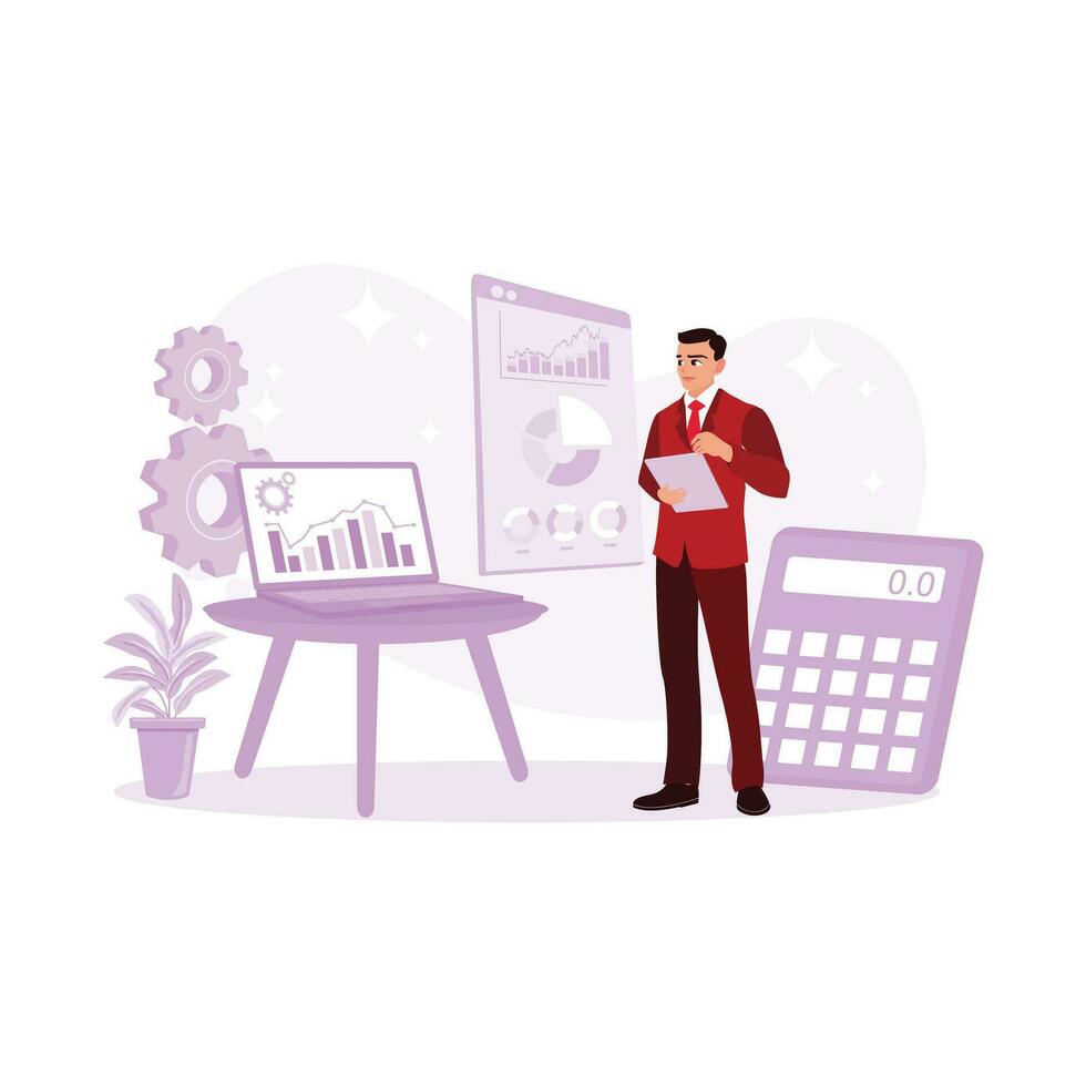 Businessman calculates and analyzes company finances for new project plans. Accounting concepts. Trend Modern vector flat illustration