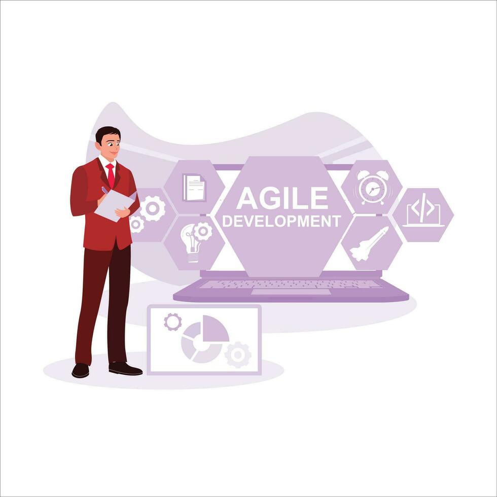 Software developers concept. The businessman is doing agile software development with a laptop. Trend Modern vector flat illustration
