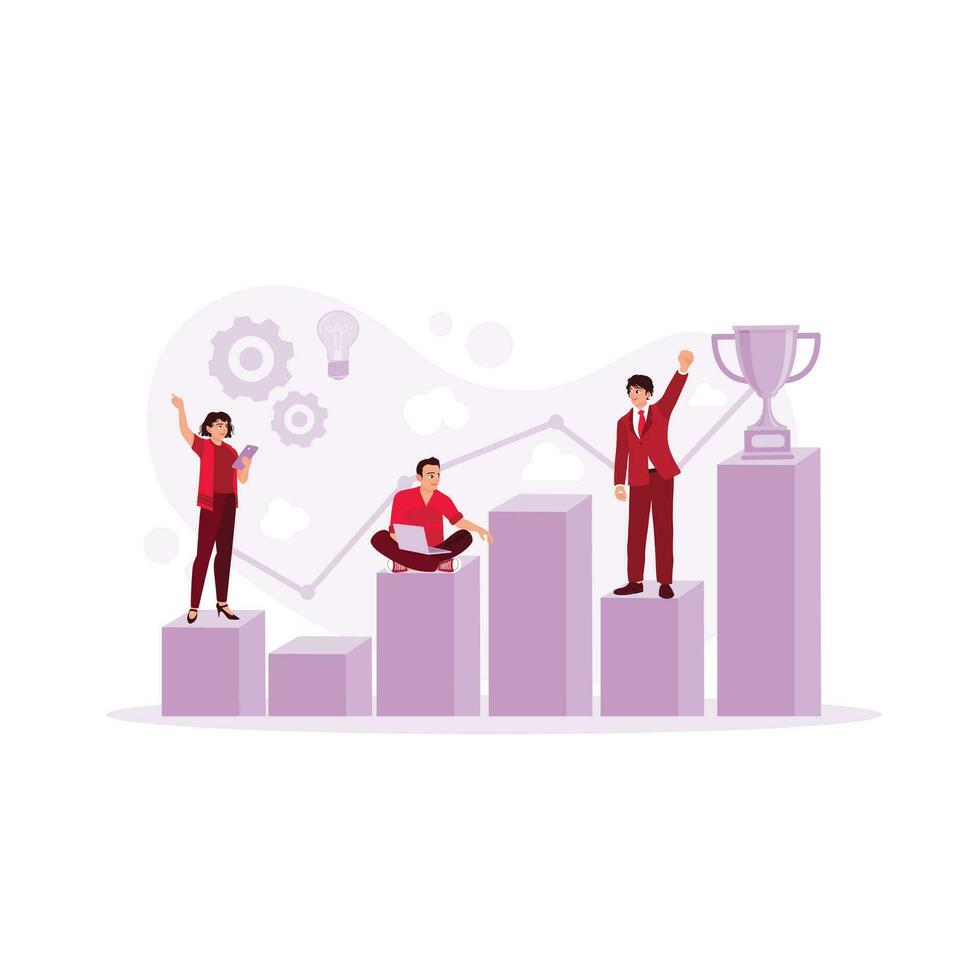 Businessman standing on ladder chart symbolizing career path. Career development concept. People climb the ladder for achievement and success. Trend Modern vector flat illustration