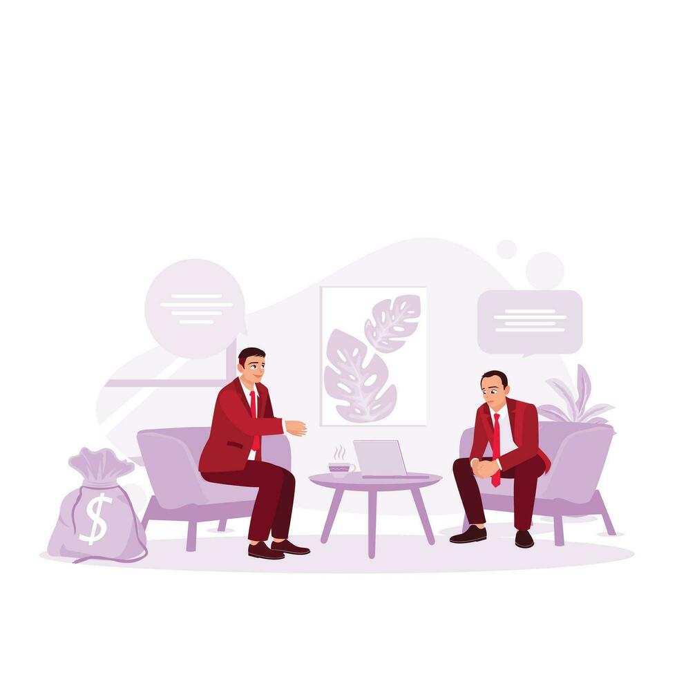 Entrepreneurs sit together to solve problems. Bankers tell clients about the bank's services making recommendations and consulting. Trend Modern vector flat illustration