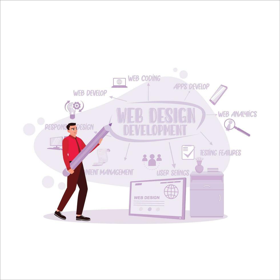 An entrepreneur creates a website development scheme using a gadget with icons on the screen. Web design concept. Trend Modern vector flat illustration