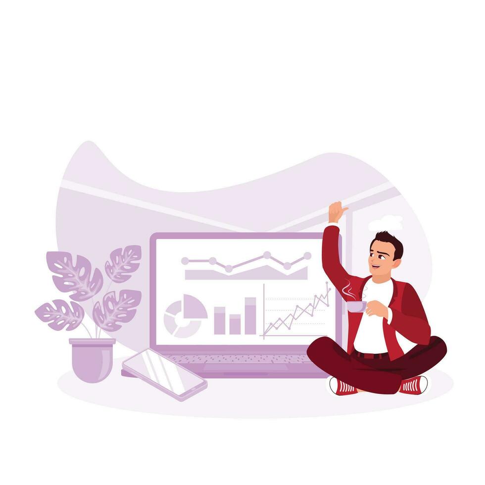 The male worker sits beside a big computer showing charts and graphs. Business Accounting Analysis, Statistics Concept. Trend Modern vector flat illustration