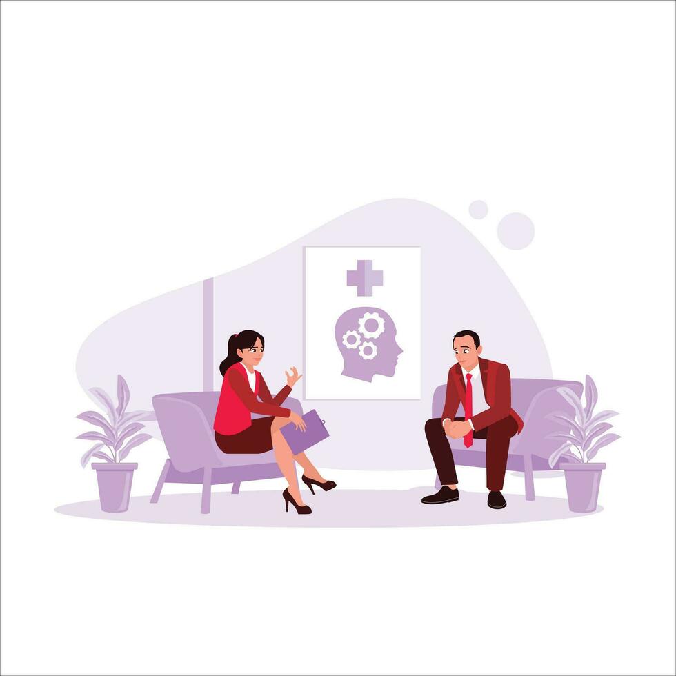 An unhappy middle-aged man consults a psychotherapist at a mental health clinic. The psychotherapist takes notes during the conversation. Mental health concept. Trend Modern vector flat illustration