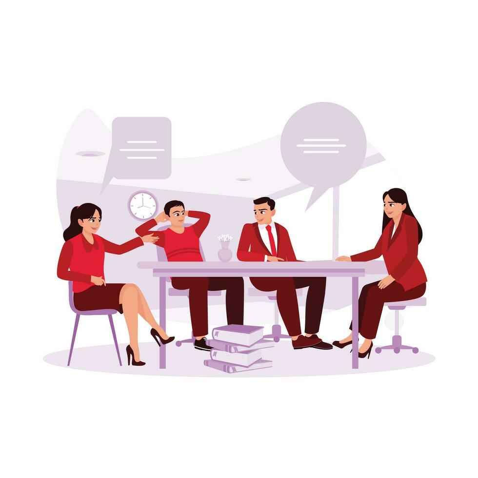 A female employee discusses and discusses something with the manager and other employees in the office. Discussion concept. Trend Modern vector flat illustration