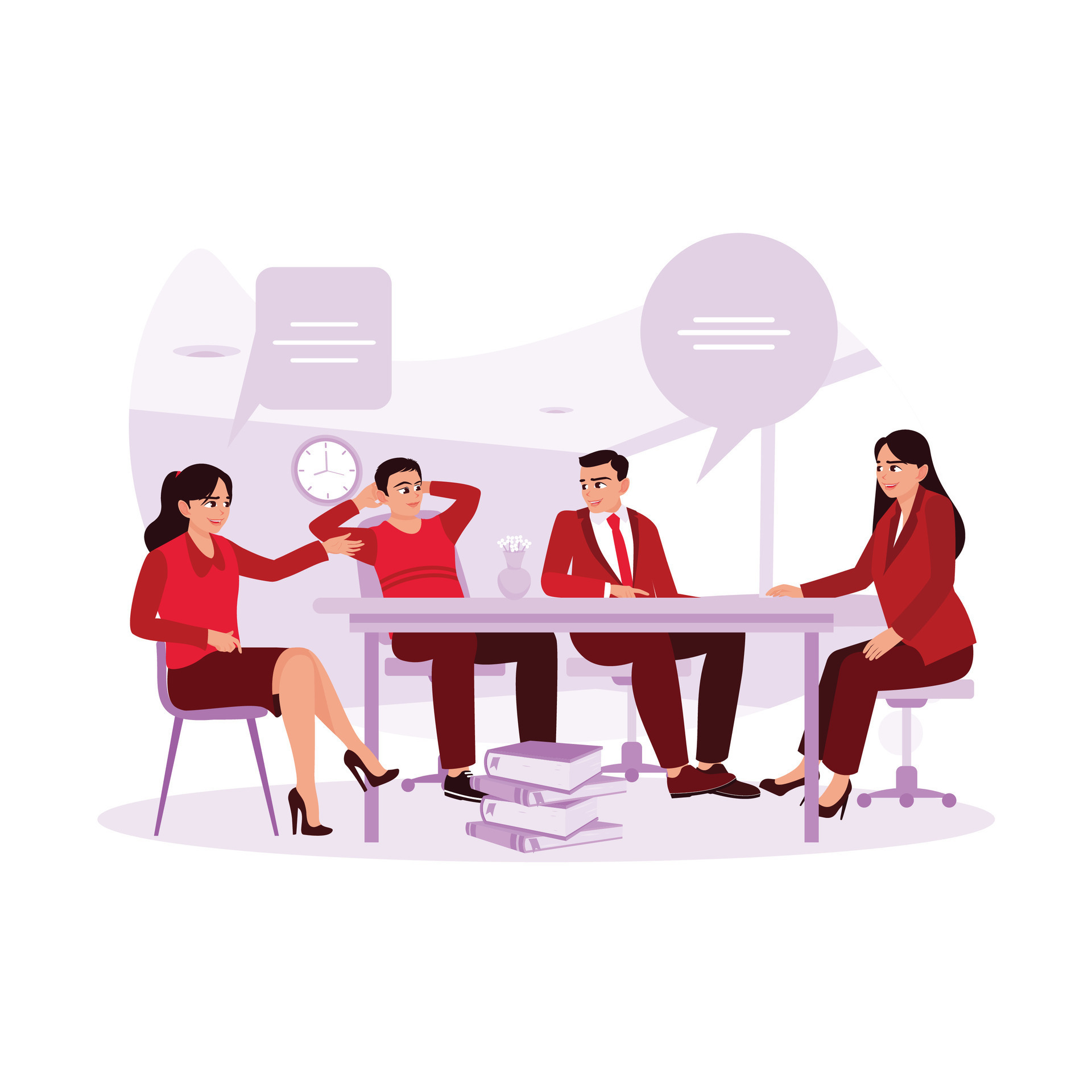 A female employee discusses and discusses something with the manager and other employees in the