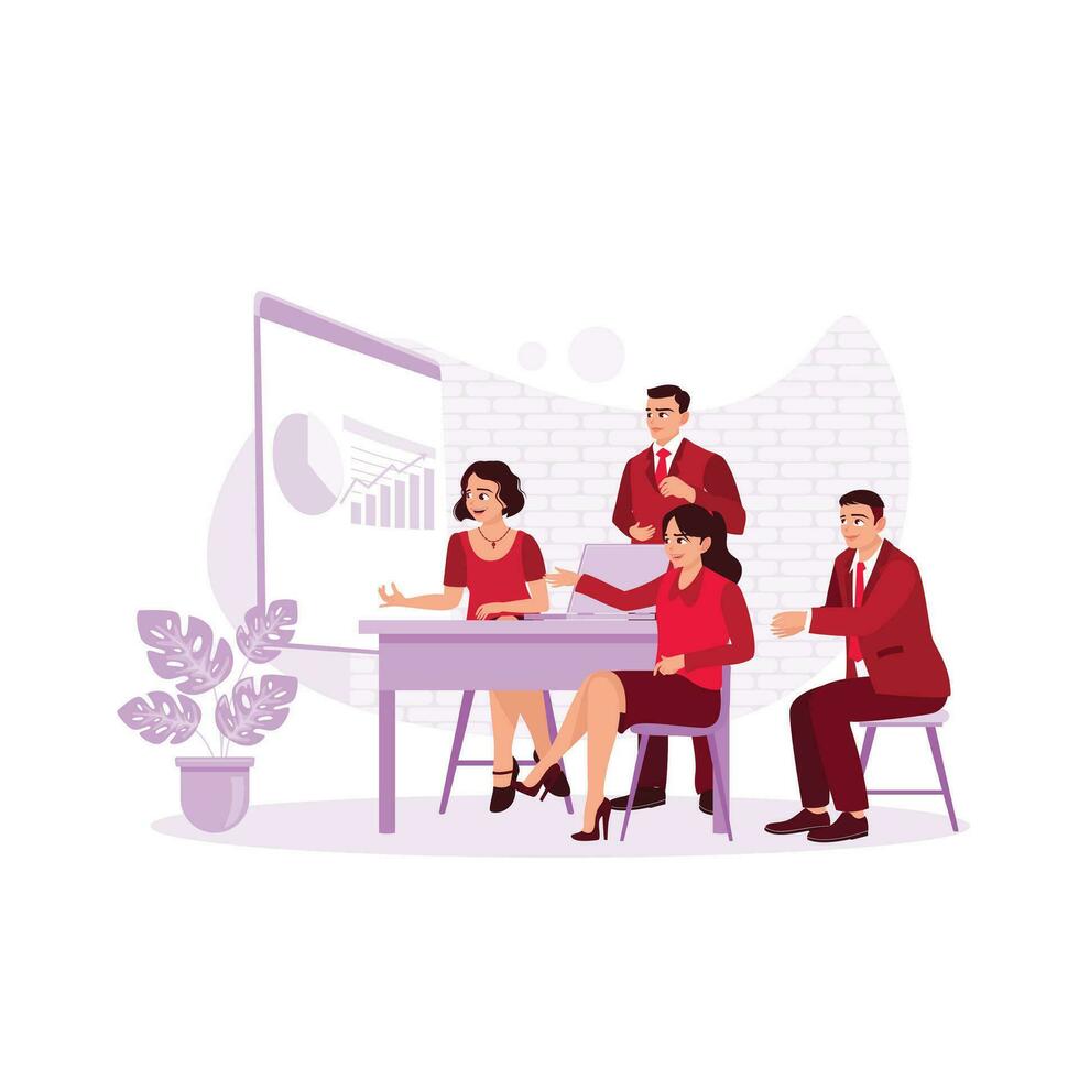 Male and female co-workers share opinions, brainstorm, and business people sit together looking at laptops. Trend Modern vector flat illustration