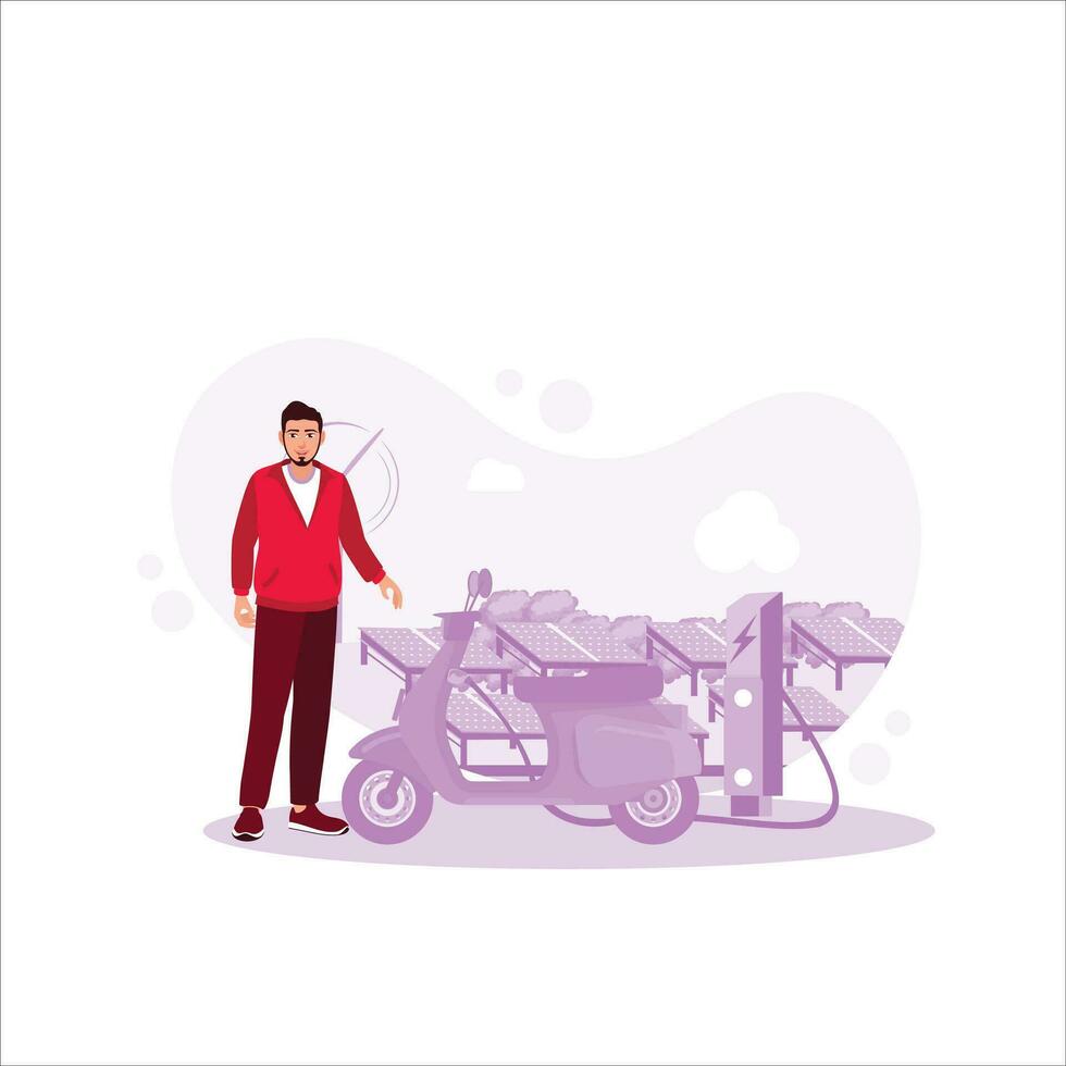 Shared electric scooter with charging station with solar panels and windmills in the background. Trend Modern vector flat illustration.