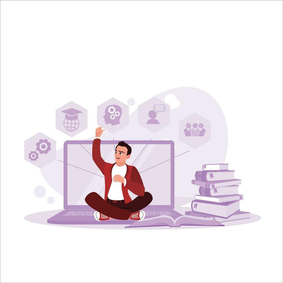 Education uses digital. Concept of e-learning education. People are attending online lessons on digital screens. Trend Modern vector flat illustration