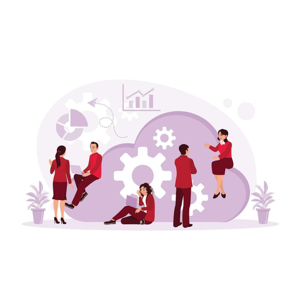 Entrepreneurs use technology in business. Exchange business ideas with each other. Could Computing concept. Trend Modern vector flat illustration