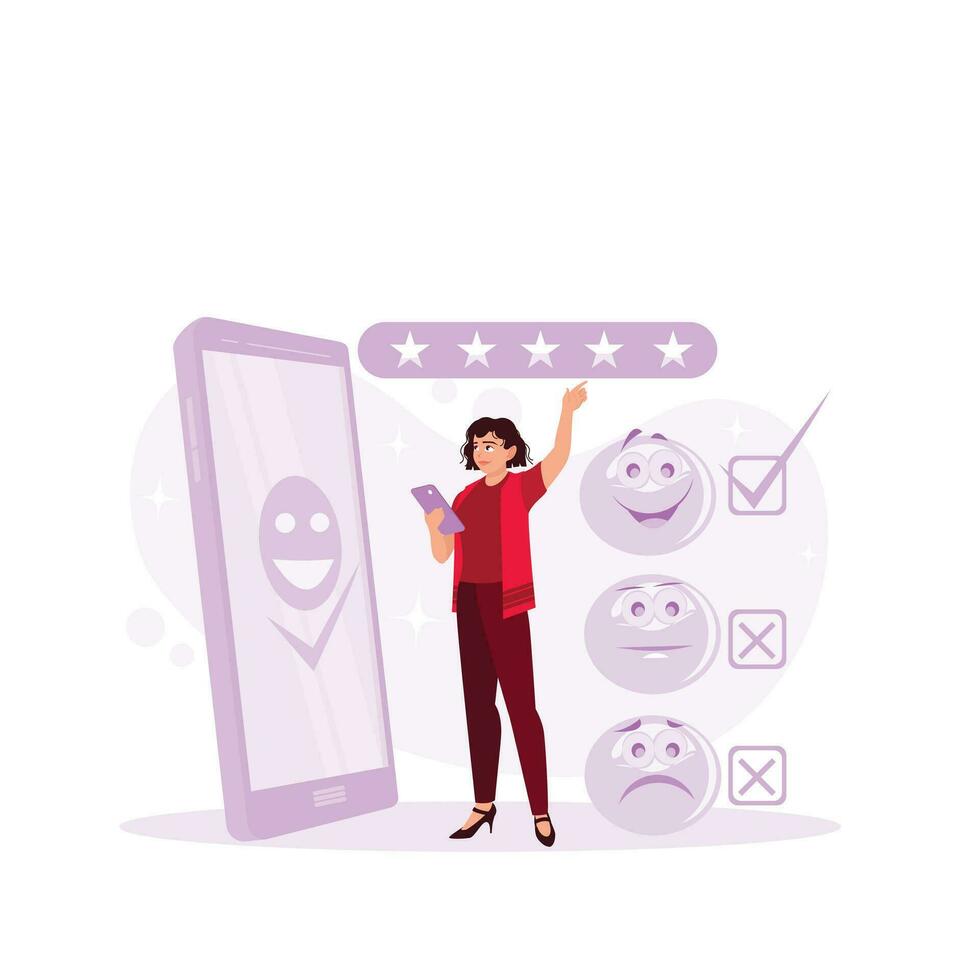 Customer experience concept. Happy Girl gets positive reviews on her online shop. Five stars. Trend Modern vector flat illustration