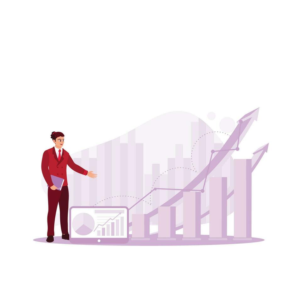 Businessman or trader showing growing virtual hologram stock, investing in trading. Trend Modern vector flat illustration