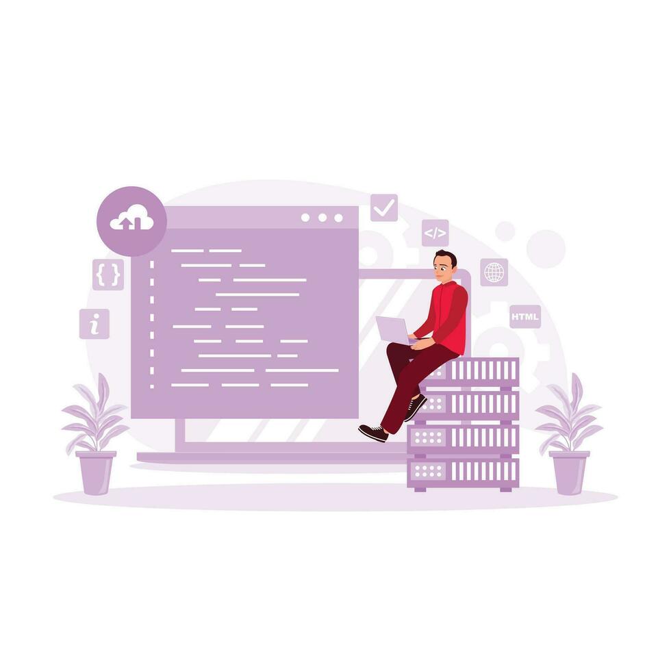 Programmers use laptops to write software code. Database concept. Trend Modern vector flat illustration