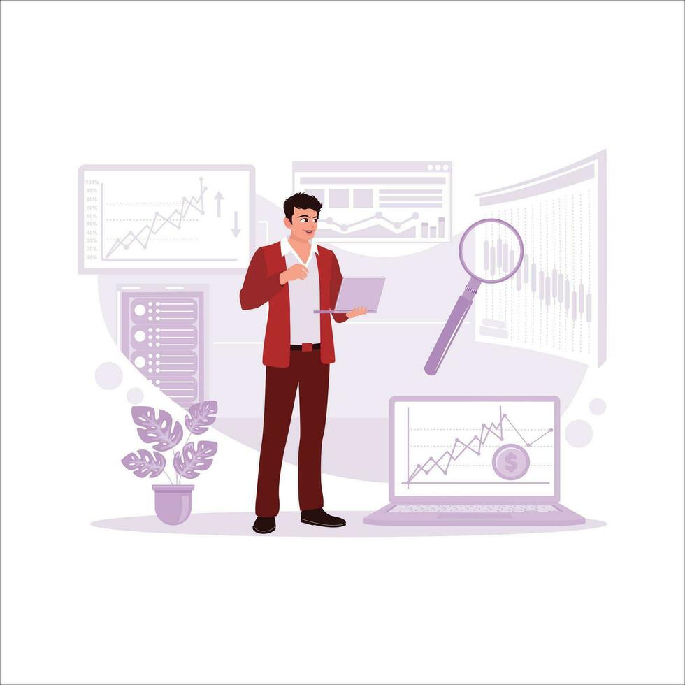 Businessman analyzing stock market data with charts to generate best selling, graphs and charts as background, Stock market concept. Trend Modern vector flat illustration