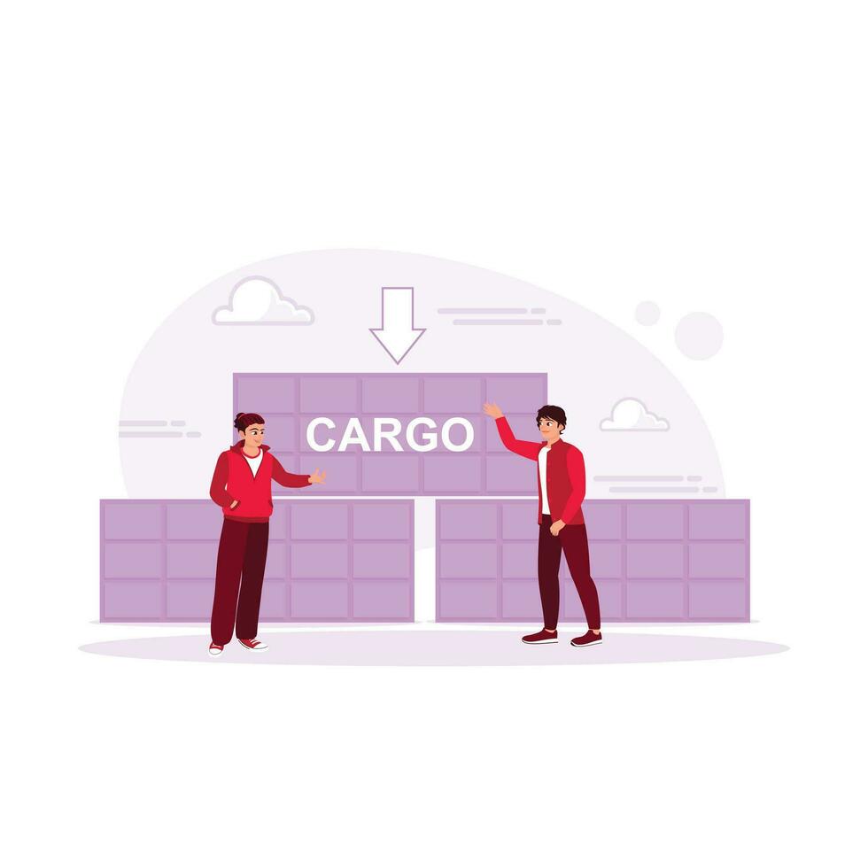 Export-import entrepreneurs carry out cargo deliveries at the port. Logistics Freight Ship Services. Storage concept. Trend Modern vector flat illustration