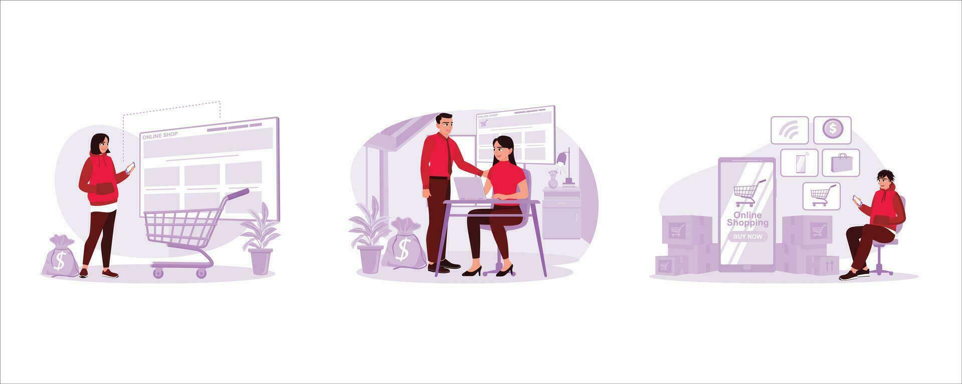 Women shop via websites. Husband and wife shopping with laptop in front of them. A man chooses groceries via cell phone. Online Shopping concept. Set Trend Modern vector flat illustration