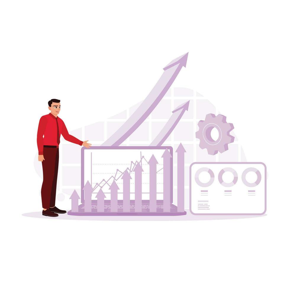businessman analyzing financial charts, trading forex, investing in the stock market, funds, and digital assets. Financial Trading And Investing concept. Trend Modern vector flat illustration