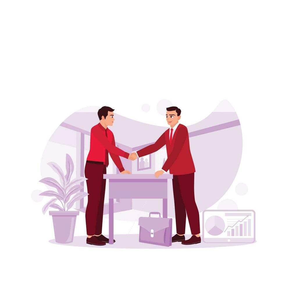 Business people shake hands after obtaining an agreement. Business partnership meeting concept. Trend Modern vector flat illustration