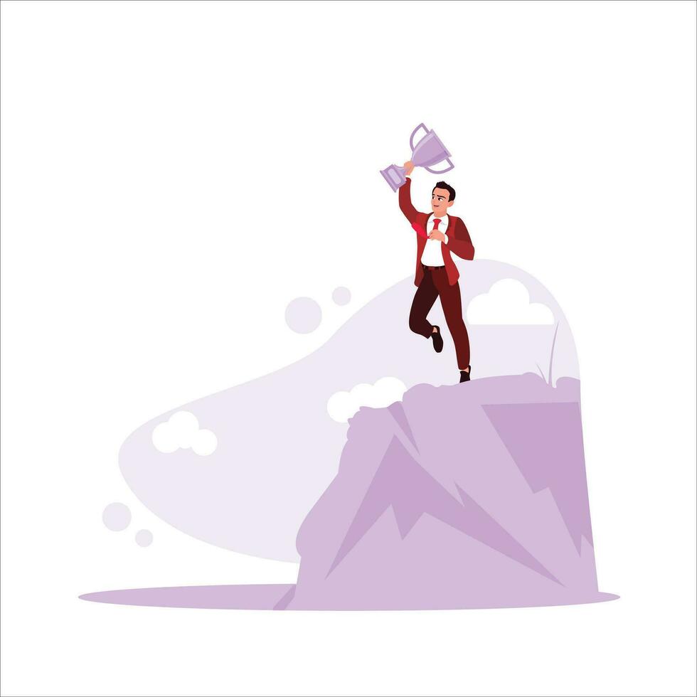 Man climbing a mountain holding a trophy. Self-improvement, success and life purpose concept. Trend Modern vector flat illustration