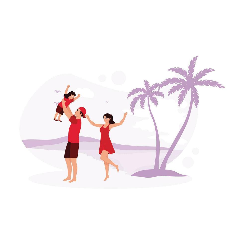 contento padre, madre, niño en fiesta a el playa. ellos caminado en el playa. vacaciones recurso viaje concepto. tendencia moderno vector plano ilustración
