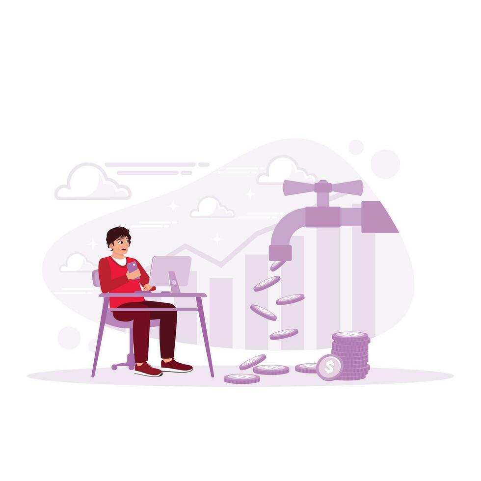 A young man was sitting in a chair in front of a computer. Money drips from the water tap. Passive Income concept. Trend Modern vector flat illustration