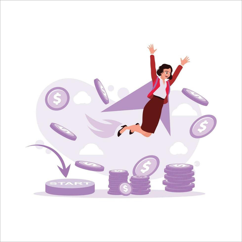 A businesswoman flying on a jet pet with a flying money background, Productivity Boosting concept. Trend Modern vector flat illustration