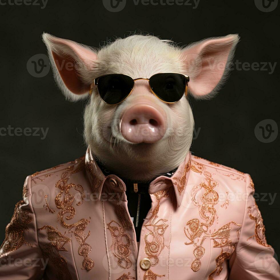 Portrait of a funny pig wearing a hat and sunglasses on a black background. AI generative photo