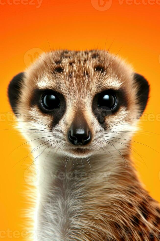 Close-up of a meerkat on an orange background. AI generative photo