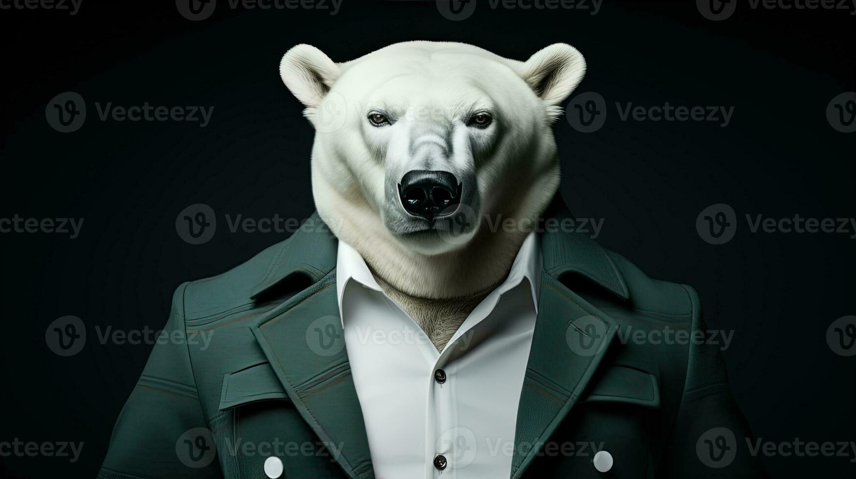 Polar bear in a business suit and tie on a dark background.AI generative photo