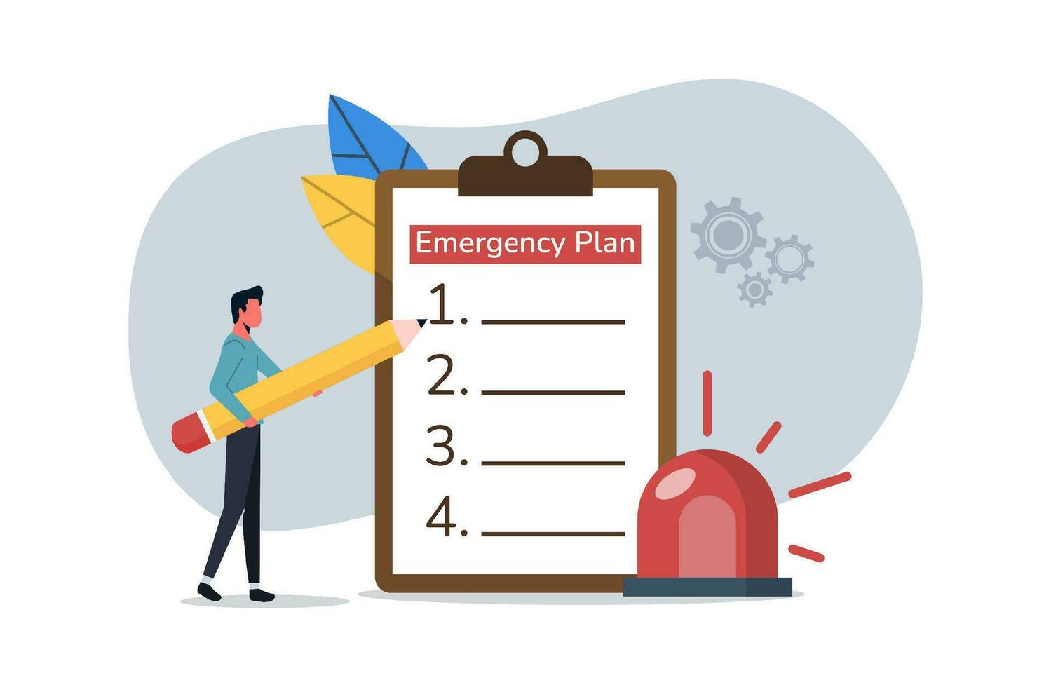 Business emergency plan, smart businessman holding pencil with paper of emergency plan and flashing siren, checklist to do when disasters happen to continue business and build resilience concept. vector