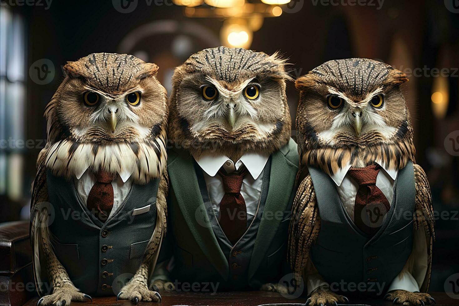 Elegant owl in a suit and a hat on a dark background. anthropomorphic animal. AI generative photo