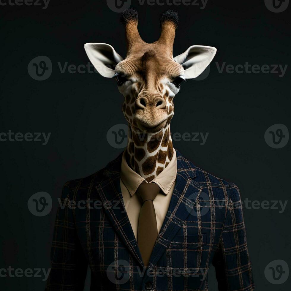 Portrait of a giraffe in a suit and tie on a black background. anthropomorphic giraffe.AI generative photo