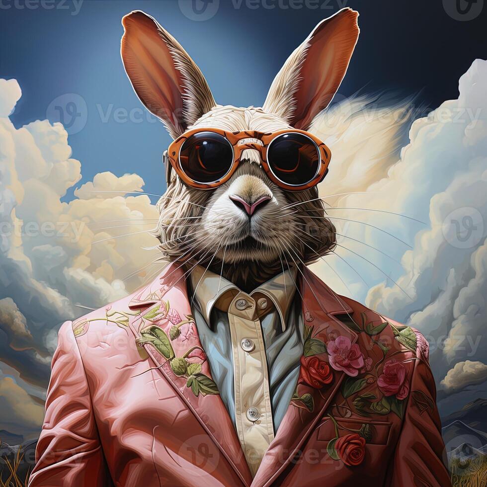 Easter bunny with bow tie and sunglasses on abstract colorful background. AI generative photo