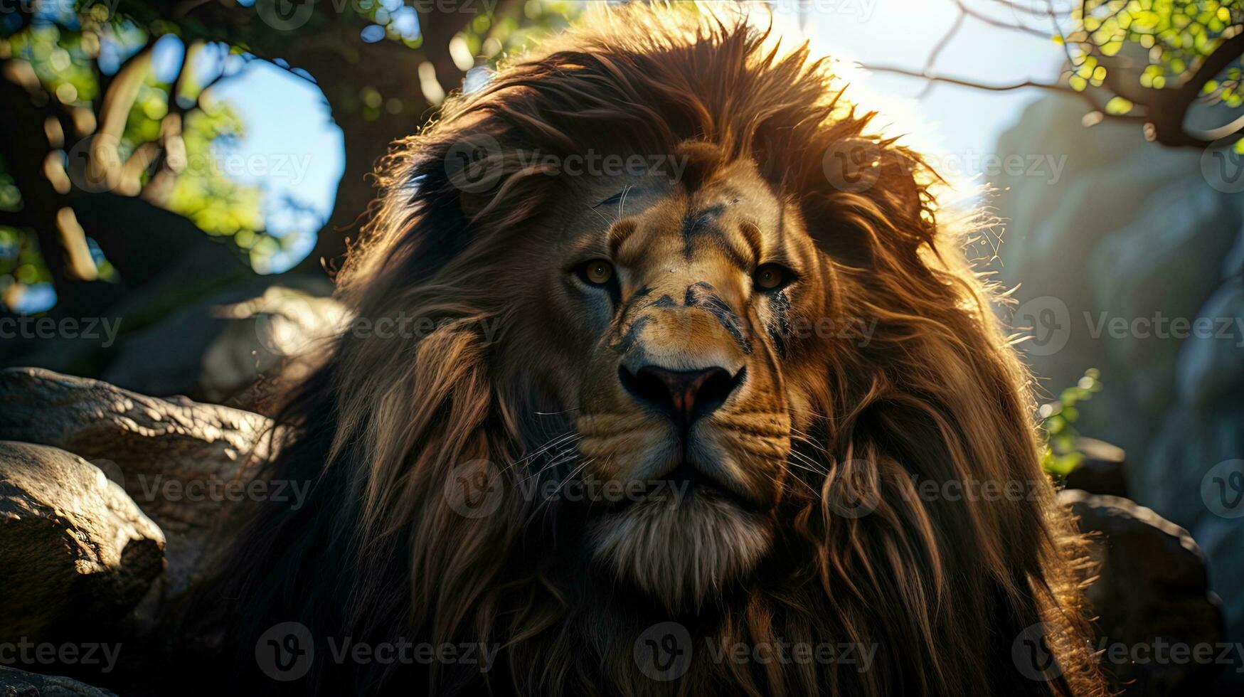 Portrait of a lion in the wild. anthropomorphic lion. AI generative photo